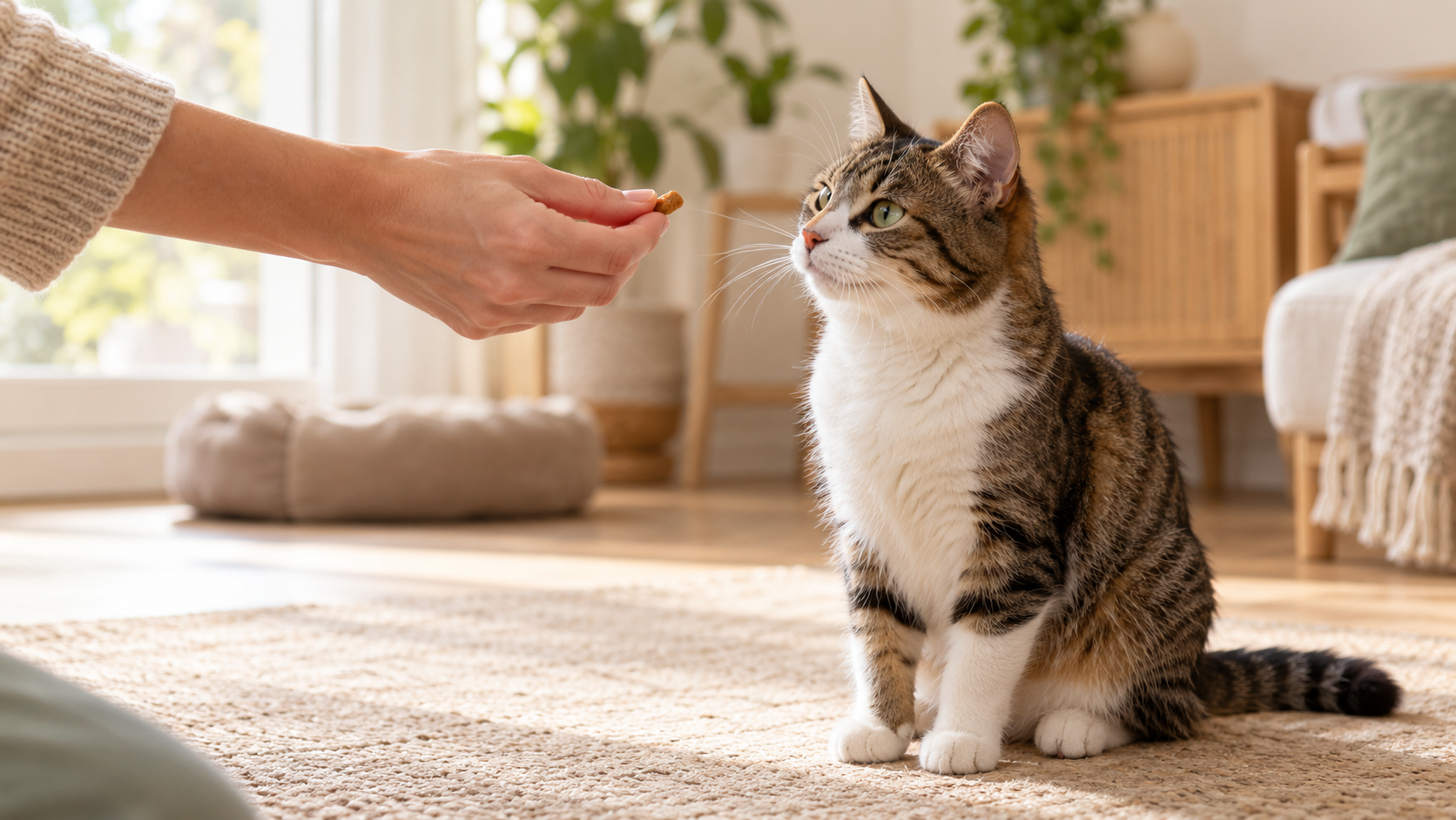 Attentive cat receiving one small treat from an owner
