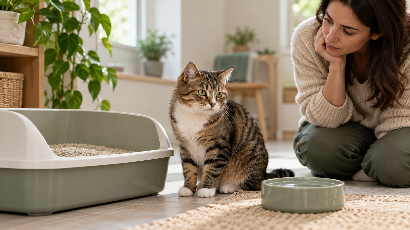 Cat beside a clean litter box while its owner watches attentively
