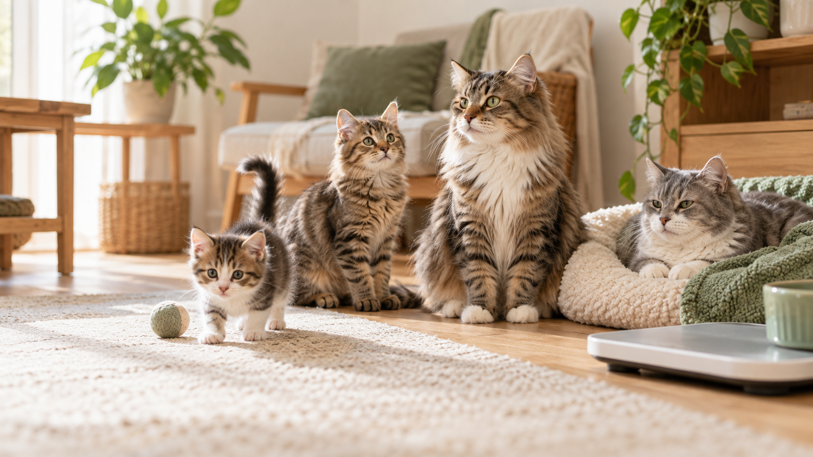 Cats at kitten, adolescent, adult, and senior life stages beside a pet scale