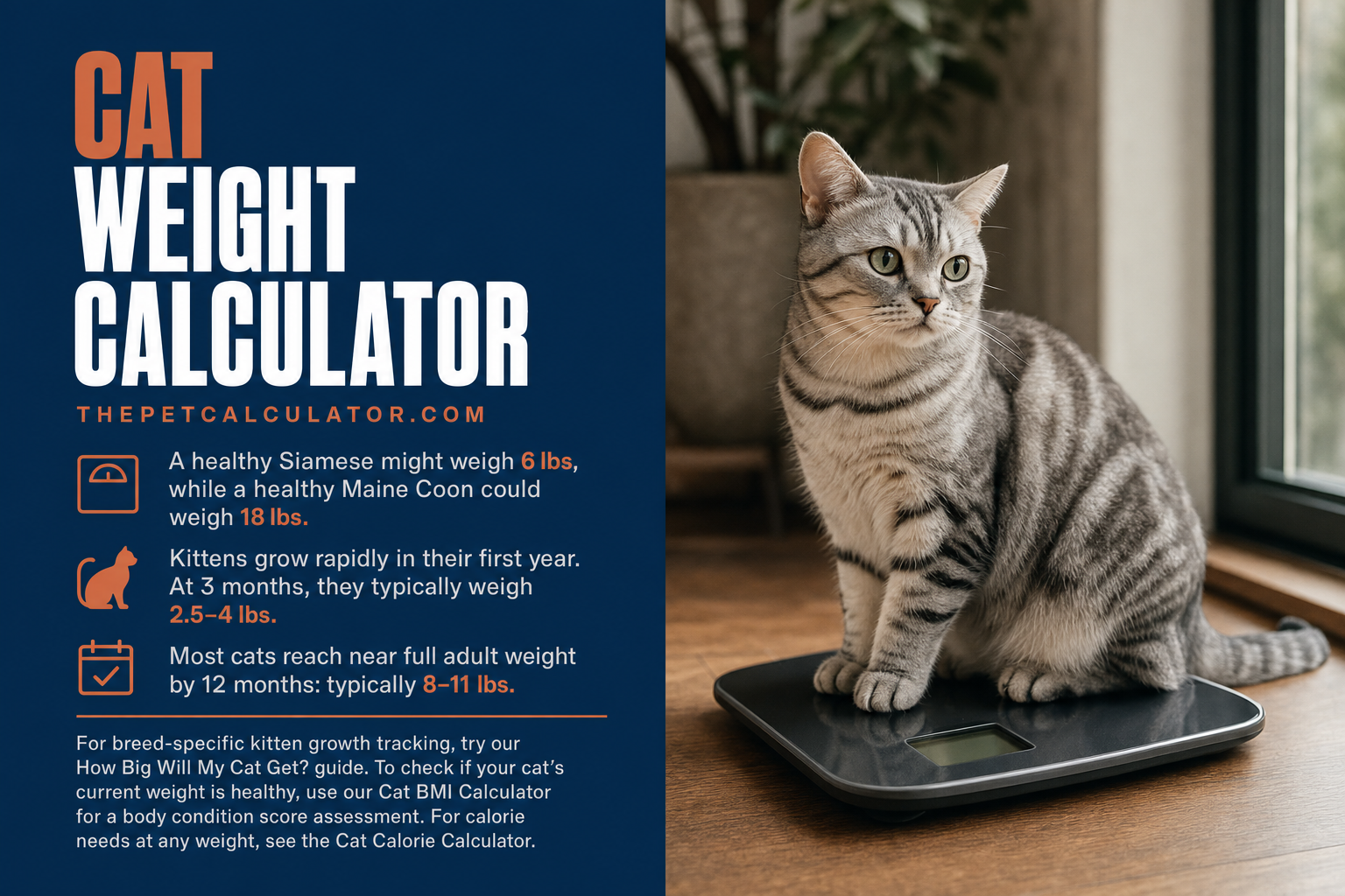 Cat Weight Calculator — Ideal Weight Chart by Breed & Age | Free Tool
