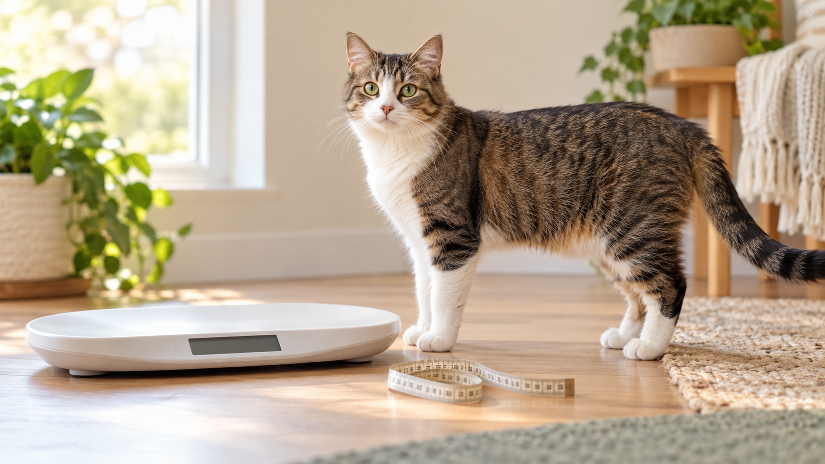 Healthy adult cat standing beside a digital pet scale and measuring tape