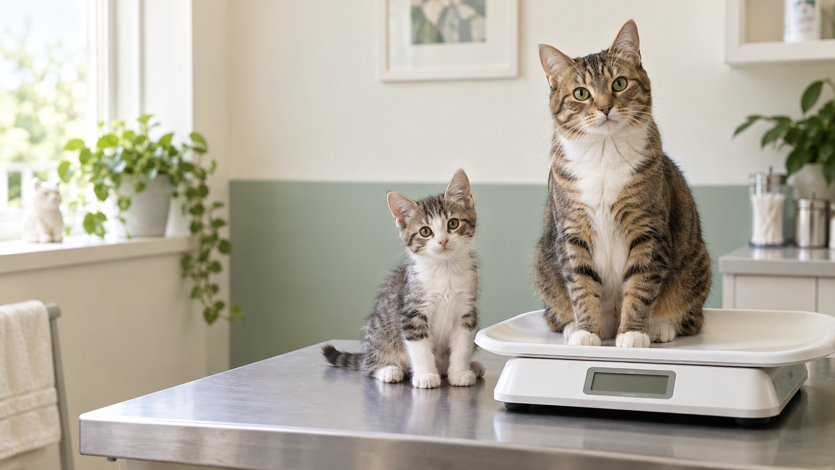 Healthy adult cat on a veterinary scale beside a young kitten