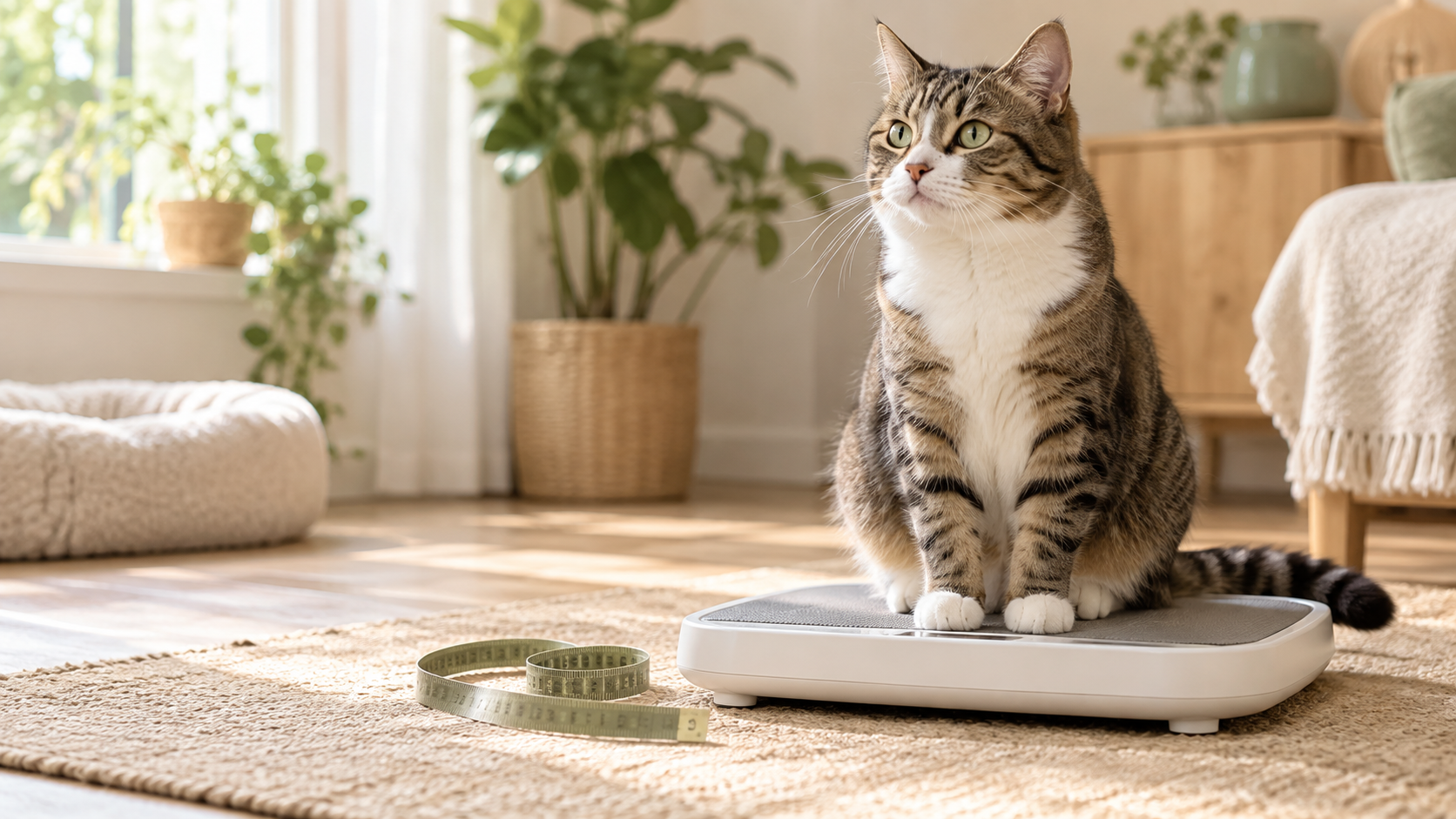 Healthy adult cat on a pet scale with a measuring tape nearby