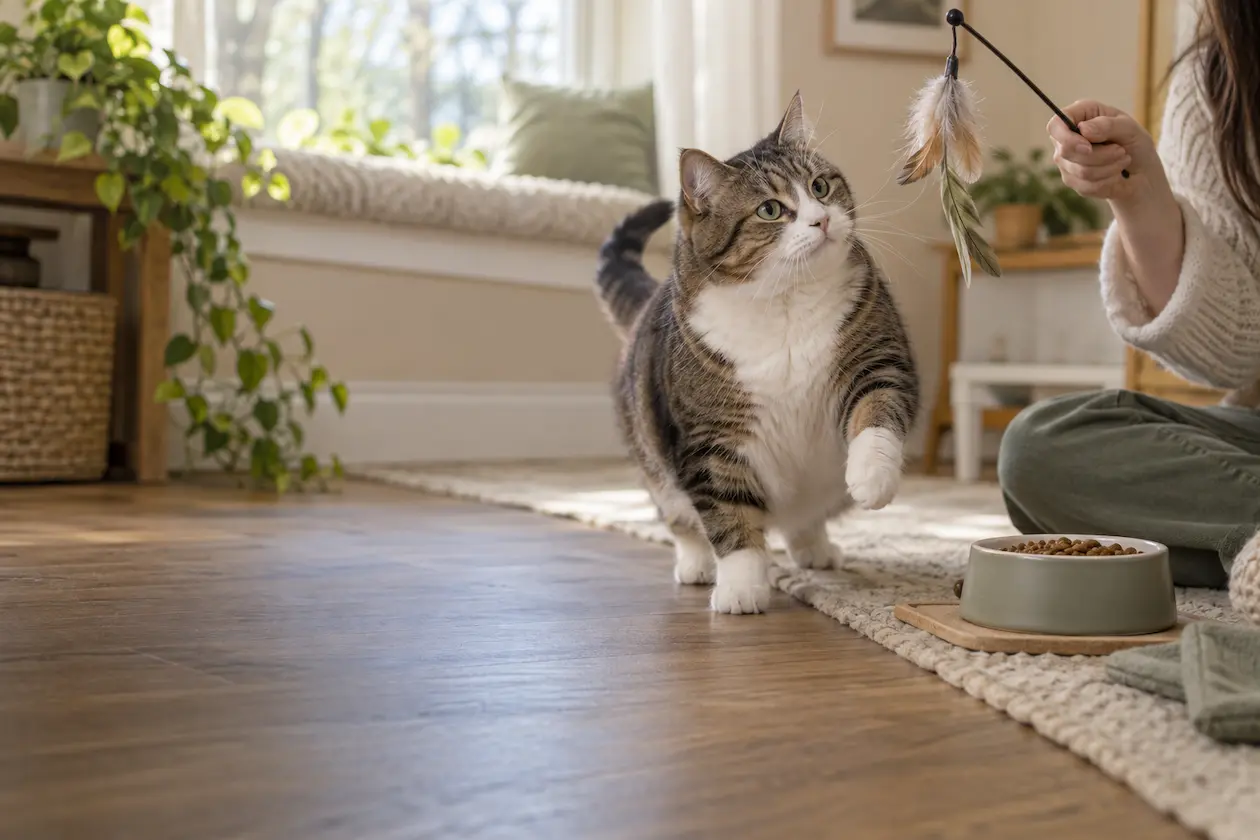 Cat beginning a healthy weight-loss plan with portion control and gentle play
