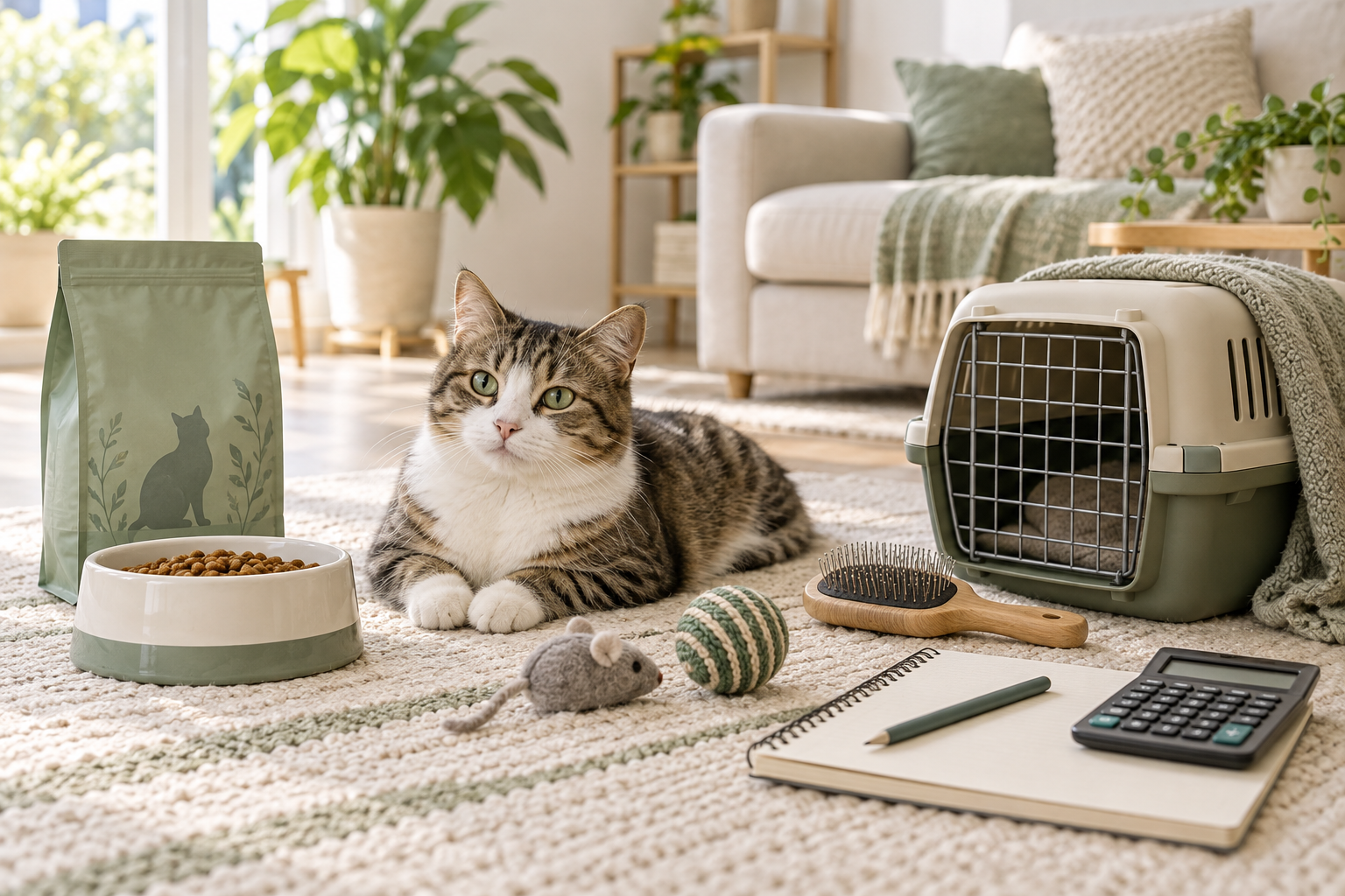 Healthy cat beside food, carrier, grooming brush, toys, notebook, and calculator for planning ownership costs