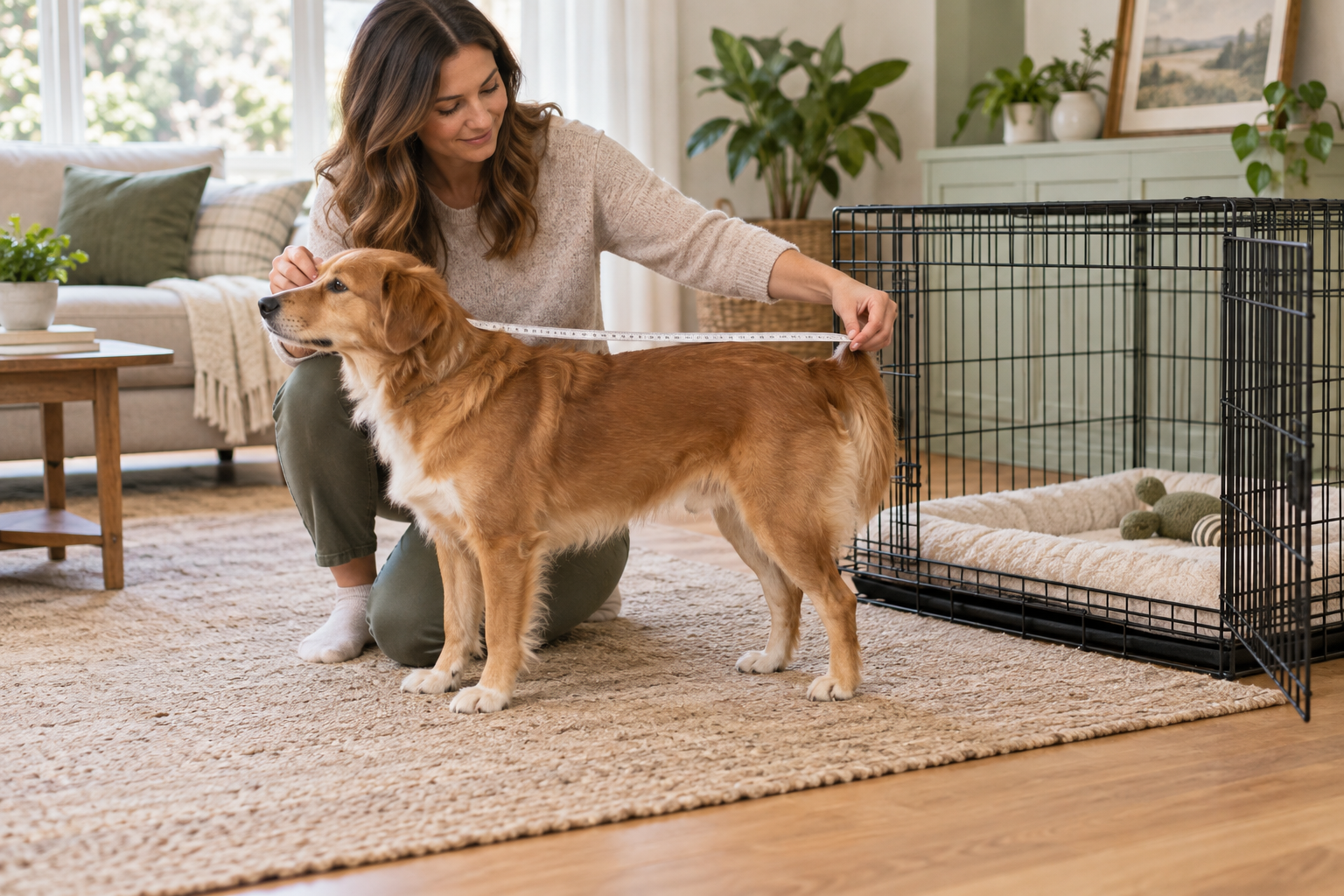 Owner measuring a calm dog beside a correctly proportioned open crate