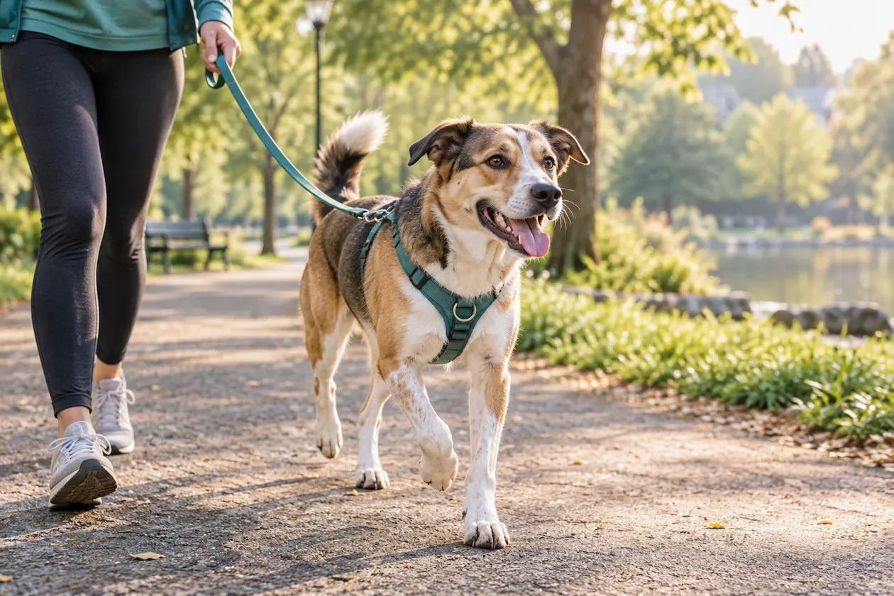 Healthy dog taking a brisk daily walk on a leafy park path