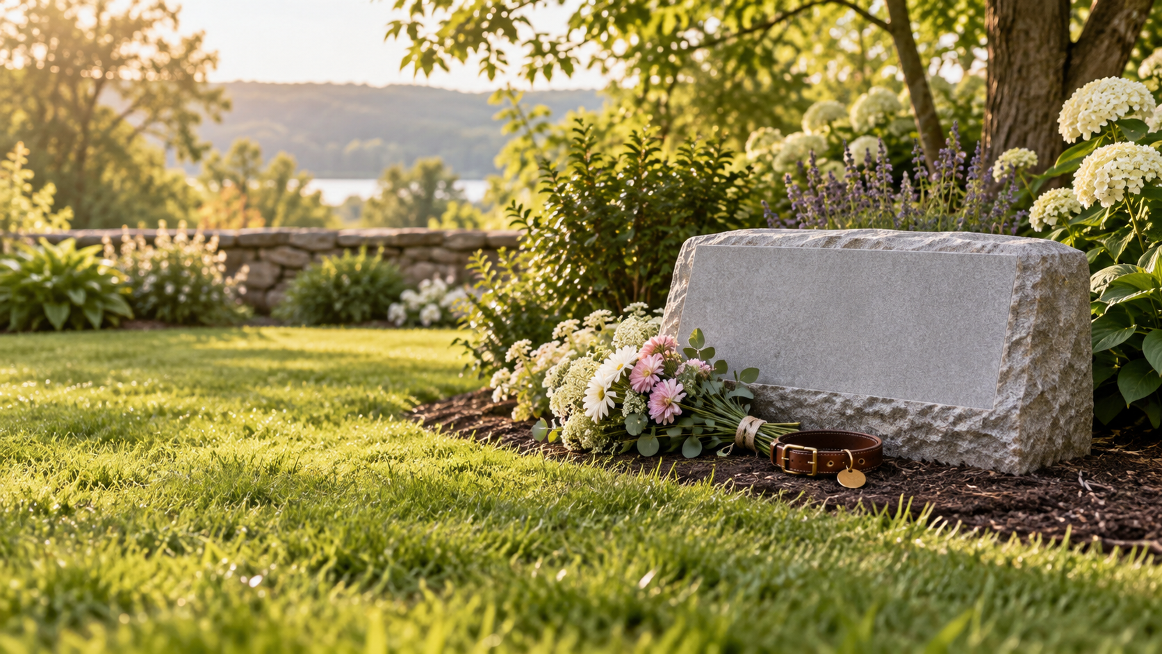 Gentle editorial scene for Dog Headstones & Grave Markers