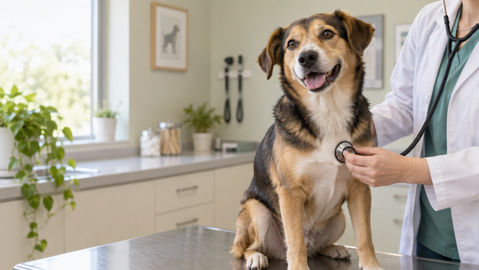 Veterinarian gently examining a healthy mixed-breed dog with a stethoscope