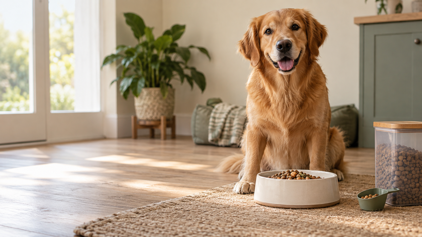 Healthy golden retriever beside a measured meal, food scoop, and storage container
