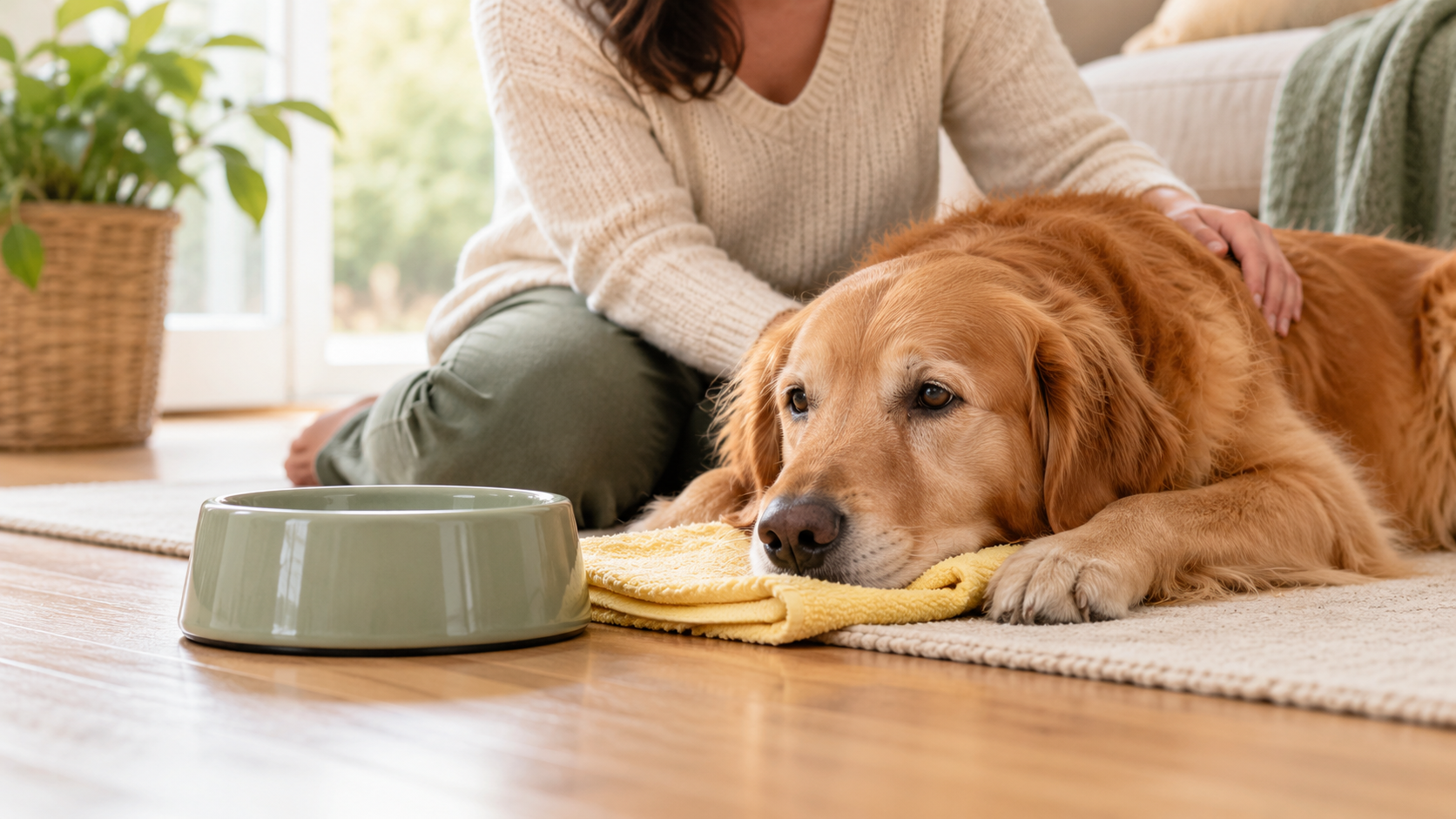 Pet-care scene illustrating Dog Throwing Up Yellow