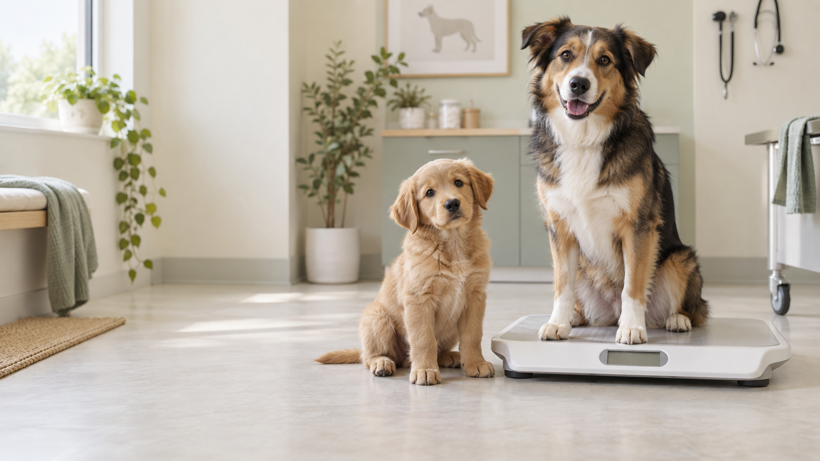 Healthy adult dog on a veterinary scale beside a young puppy