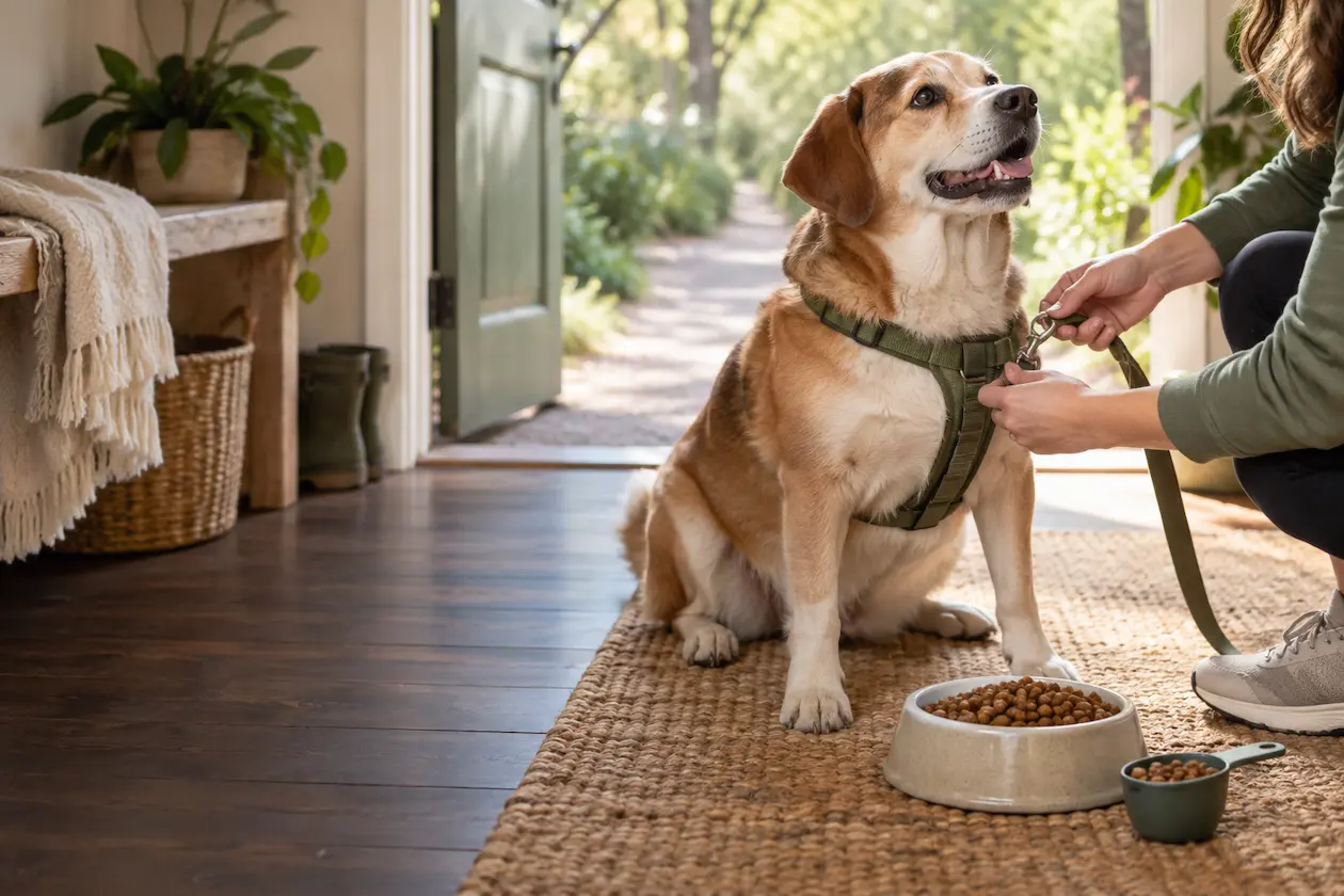 Dog beginning a healthy weight-loss plan with a measured meal and walking leash