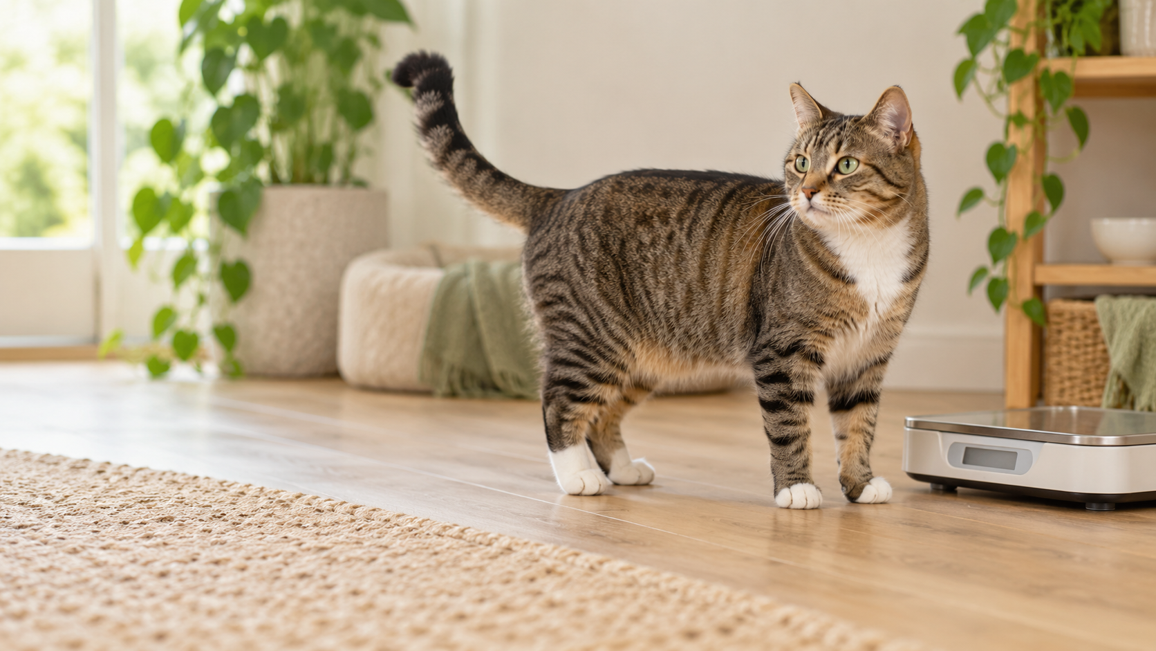 Healthy domestic shorthair cat standing beside a pet scale
