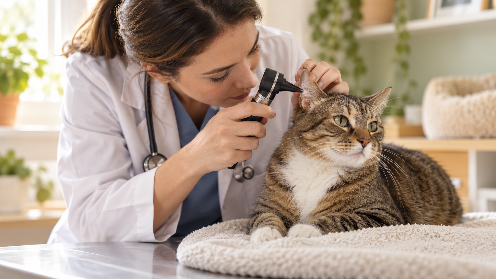 Veterinarian gently examining a calm cat ear with an otoscope