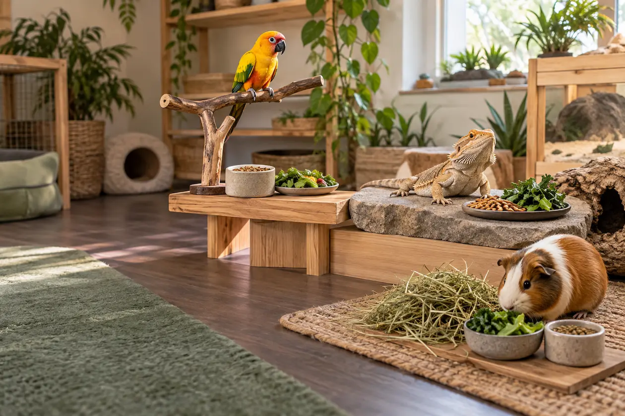 Sun conure, bearded dragon, and guinea pig beside species-appropriate foods