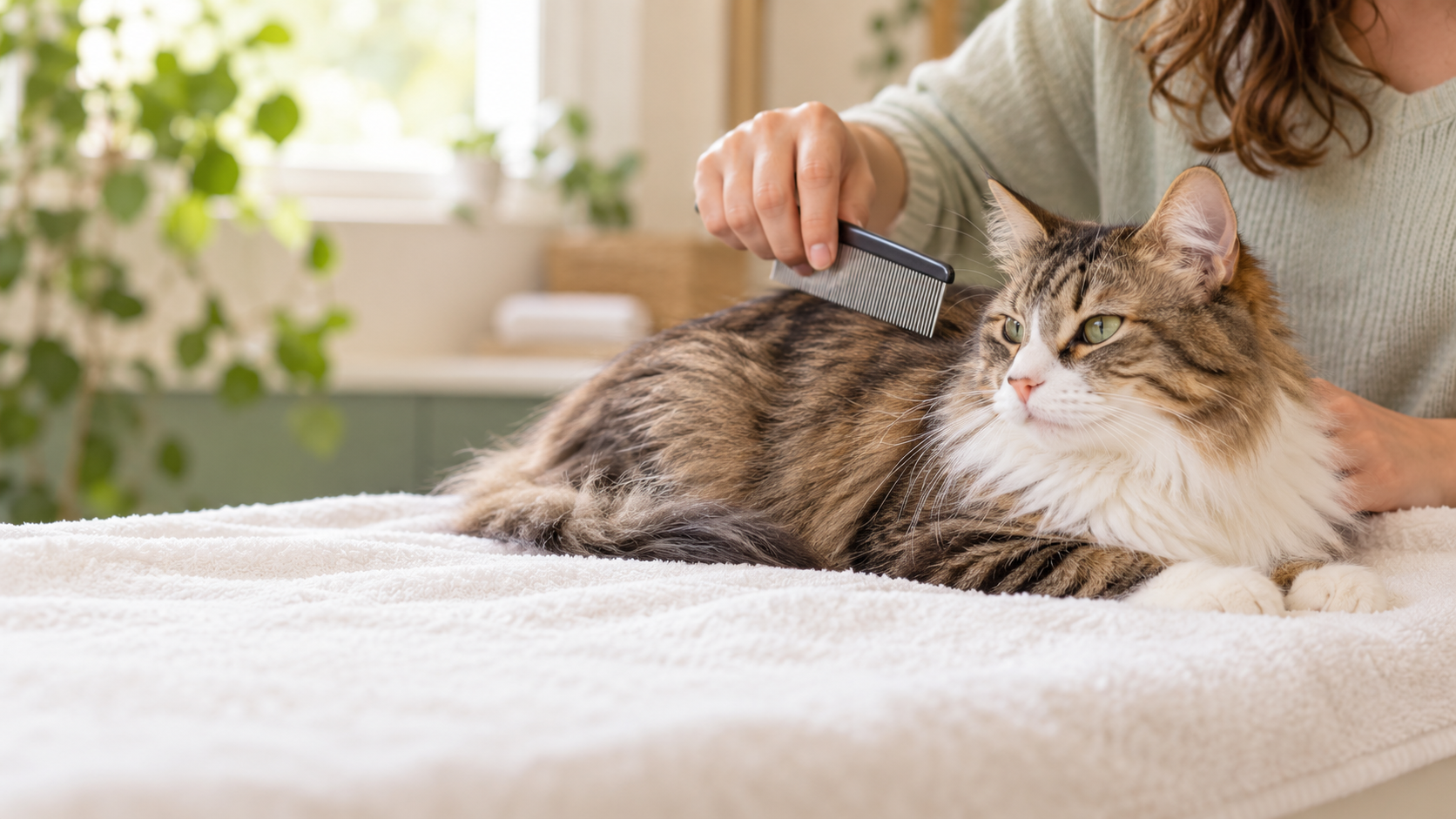 Owner carefully combing a relaxed cat with a fine flea comb
