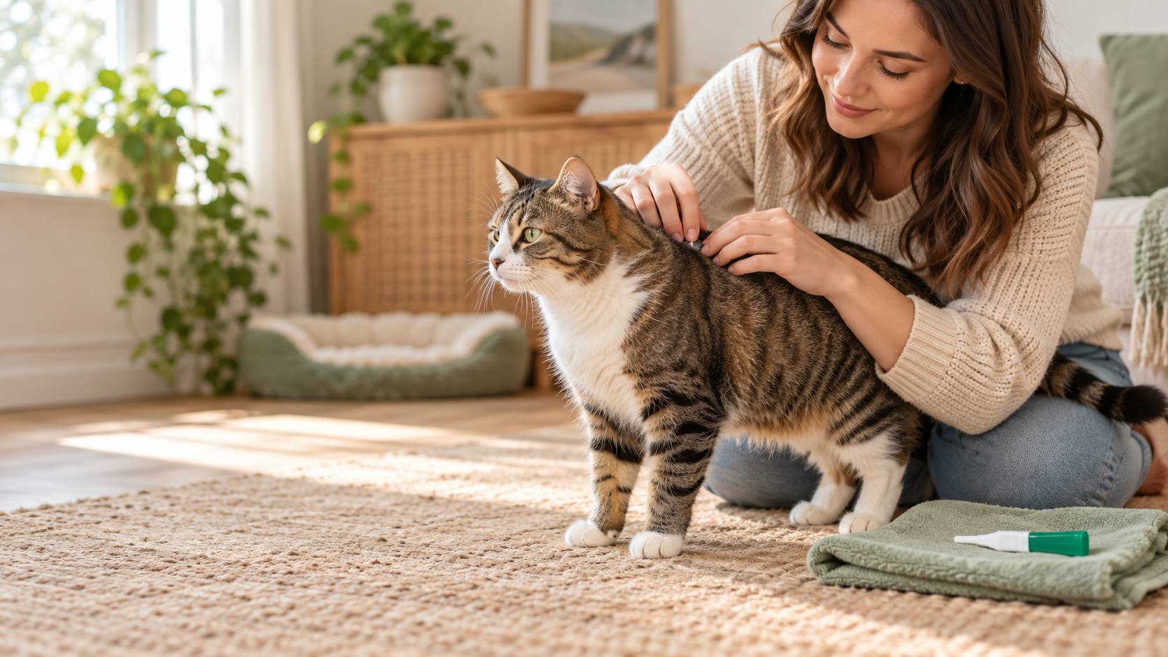 Owner gently checking a calm cat with flea treatment nearby