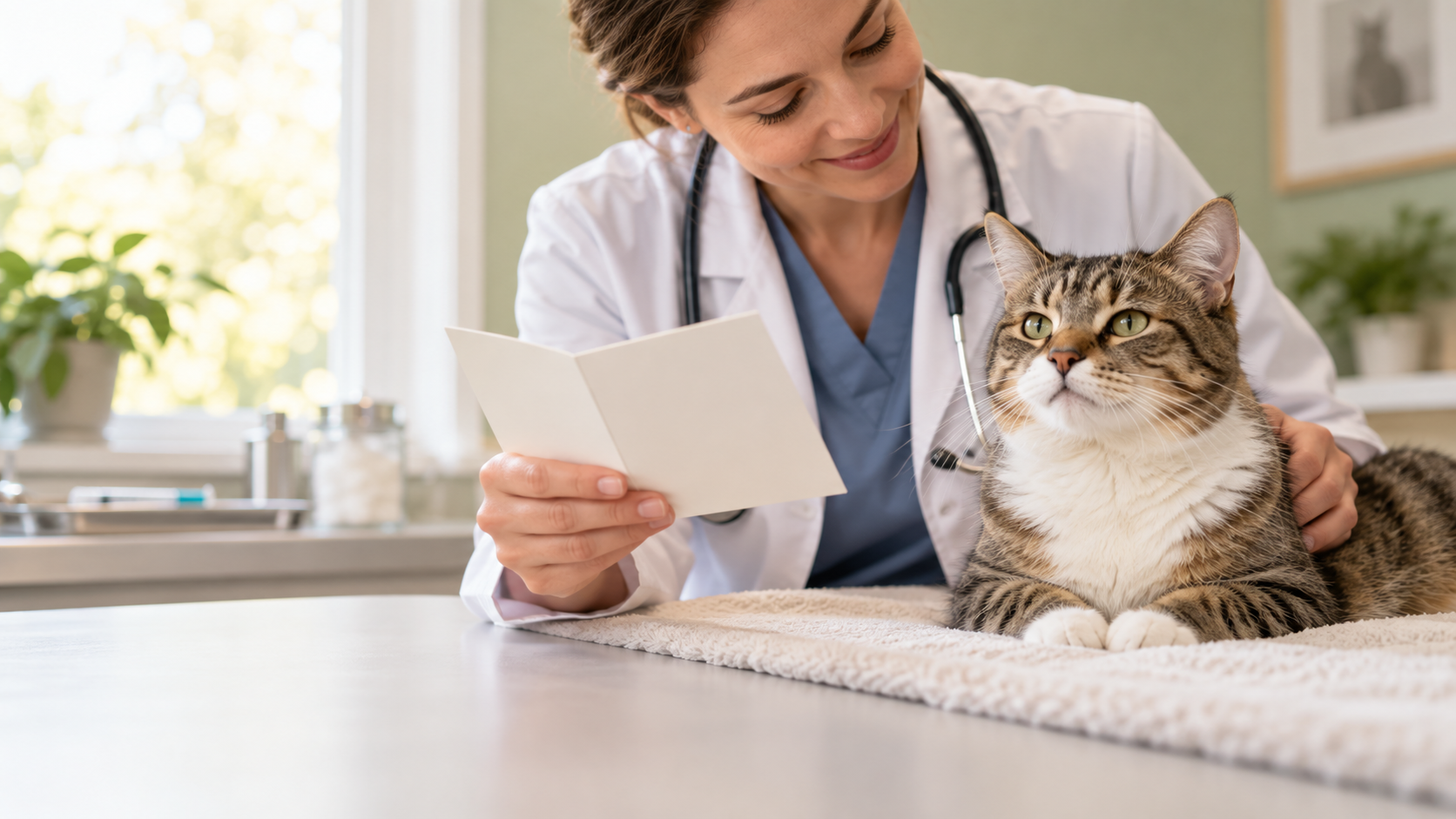 Cat at a preventive-care appointment while a veterinarian reviews a blank vaccination card