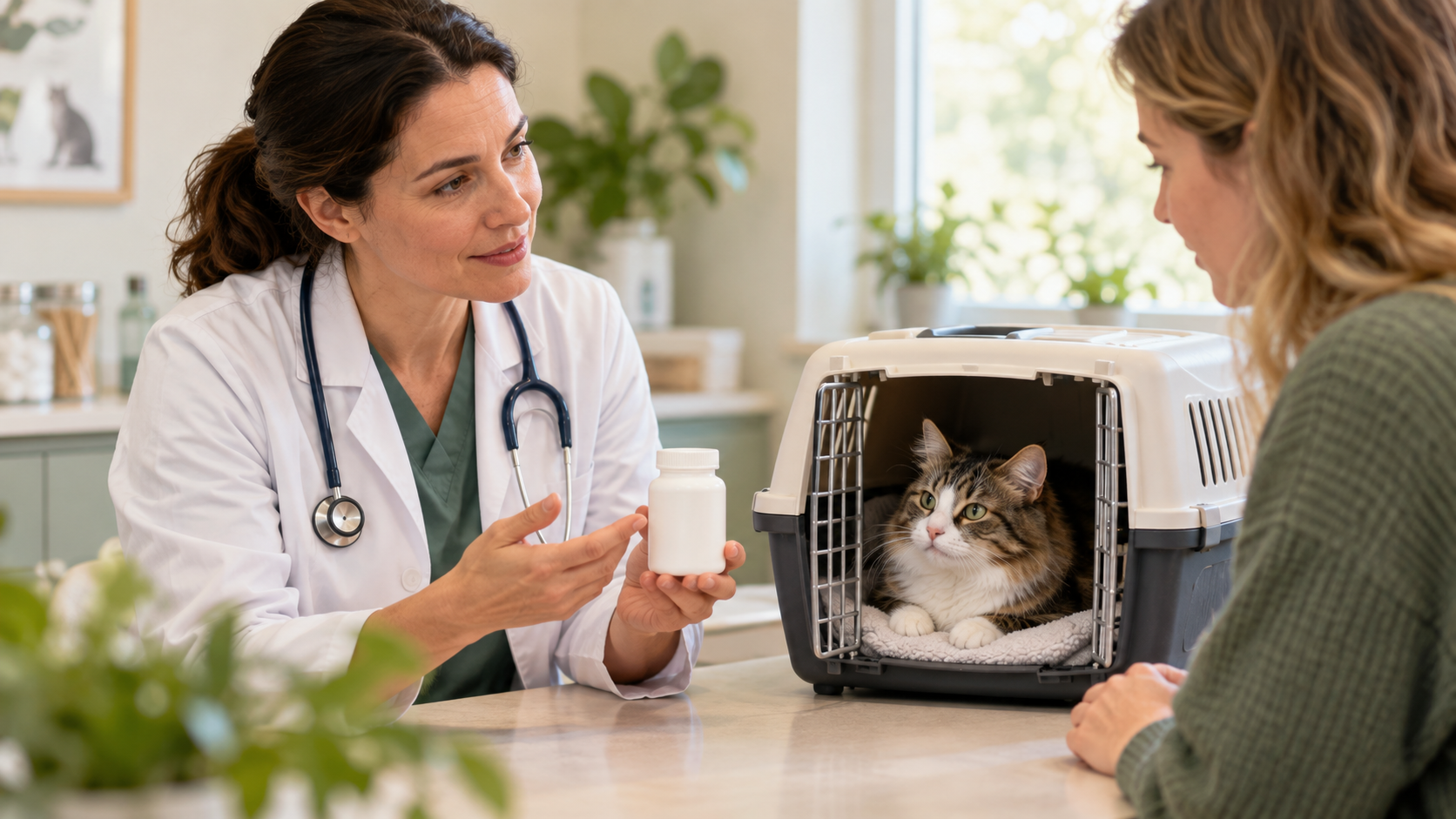 Relaxed cat in a travel carrier during a veterinary medication consultation