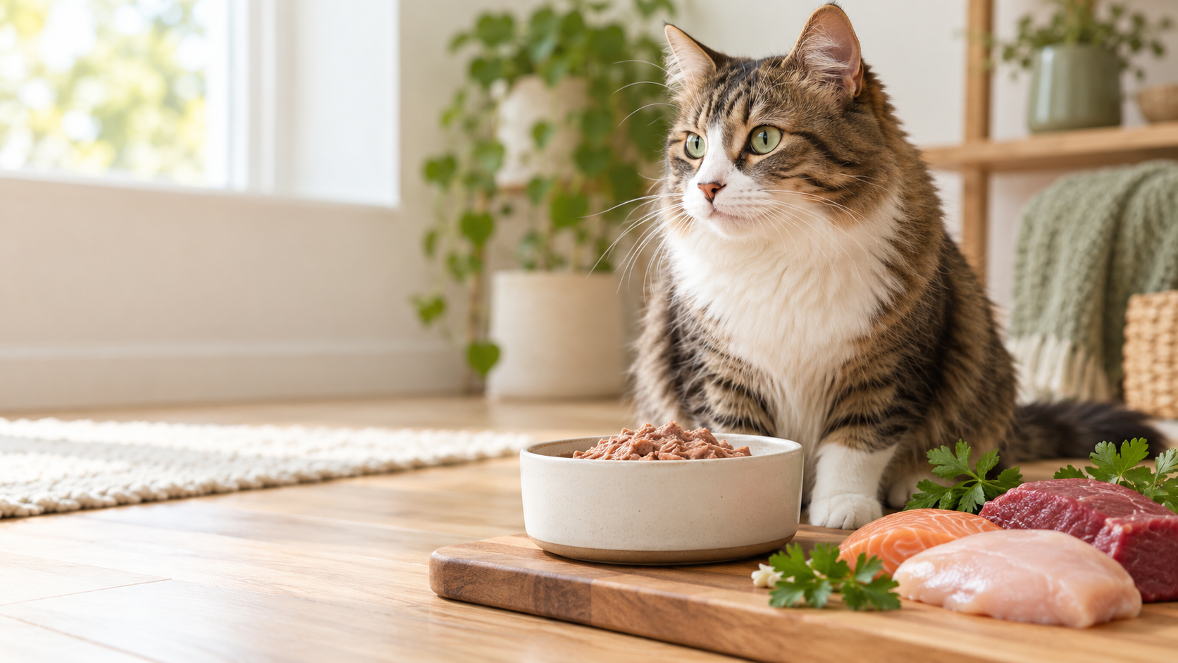 Adult cat beside unbranded cat food with simple meat ingredients