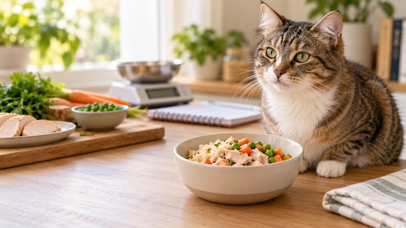 Cat beside carefully portioned homemade food and a kitchen scale