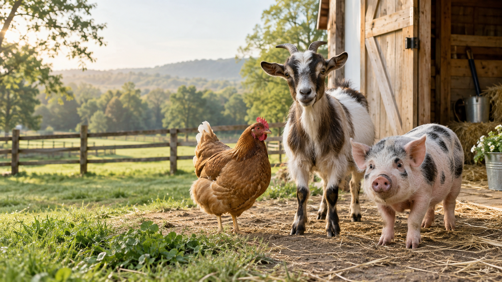 Healthy miniature goat, hen, and small pig together at a tidy homestead barn