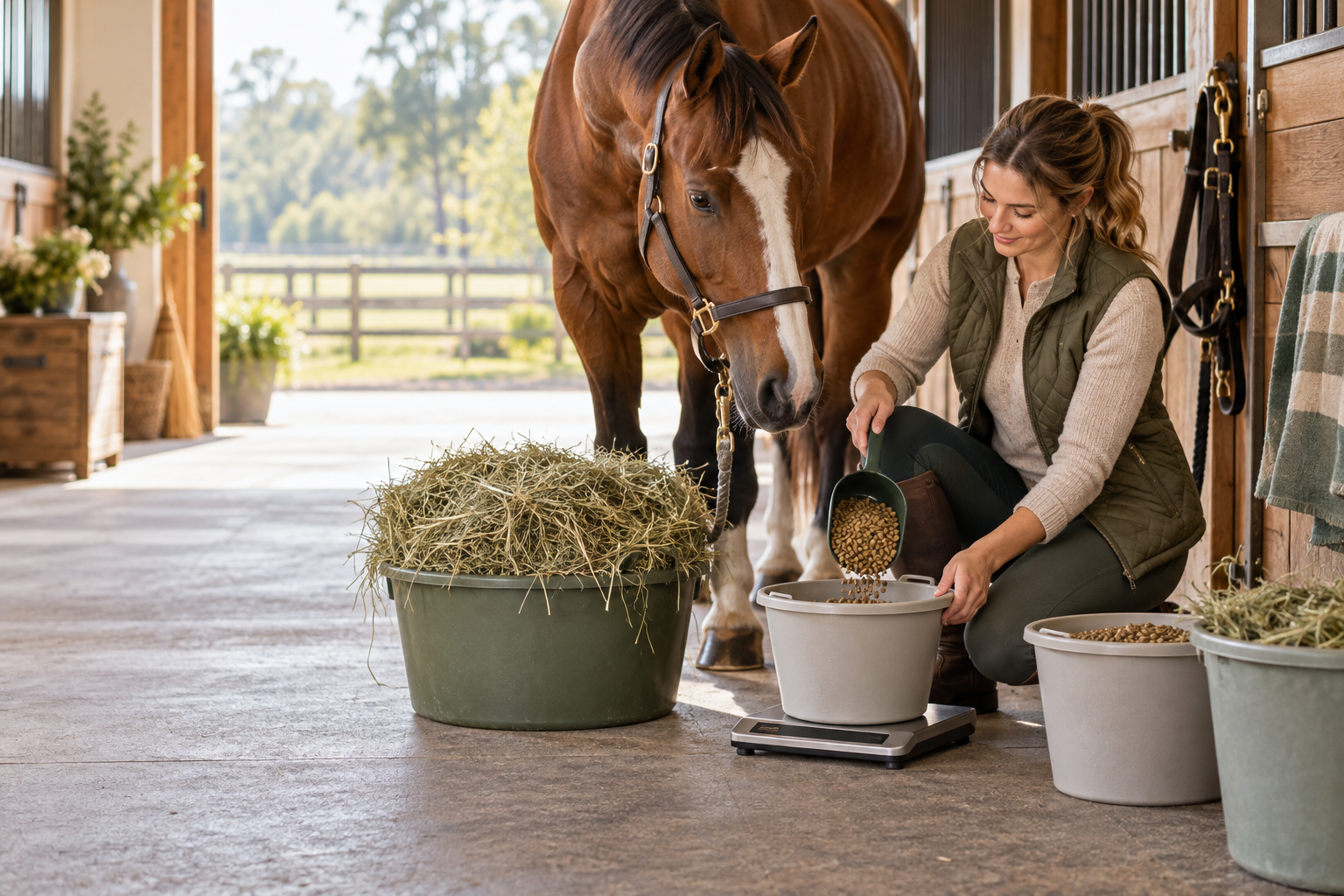 Horse owner measuring hay and feed portions with a scoop and scale in a clean stable
