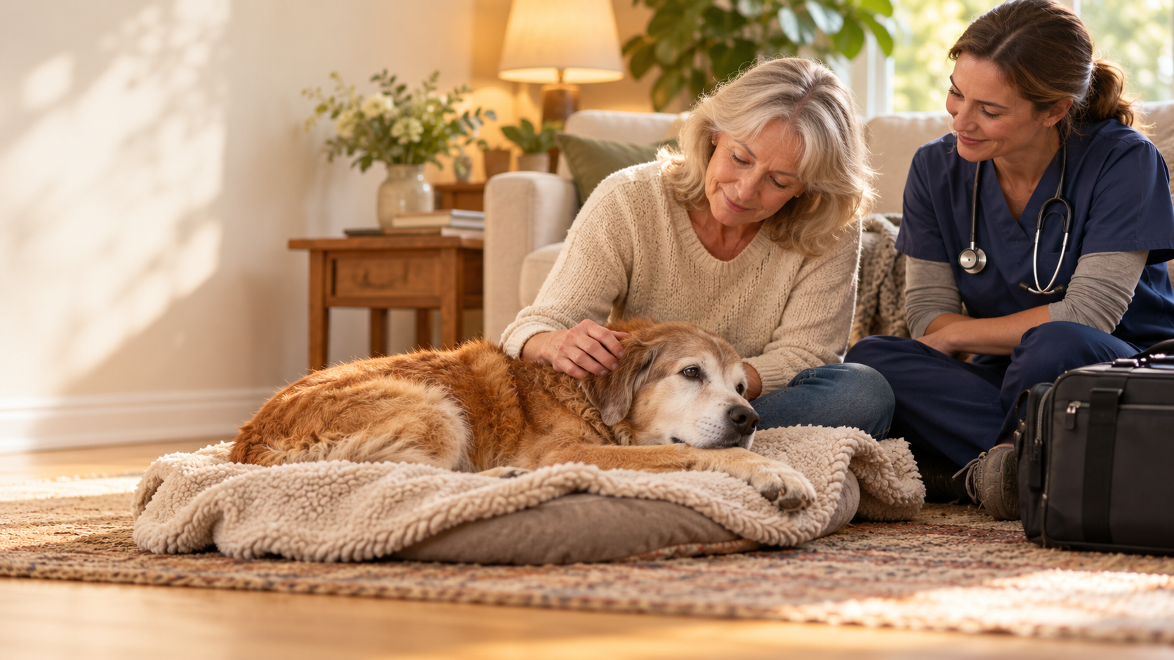 Gentle editorial scene for In-Home Pet Euthanasia