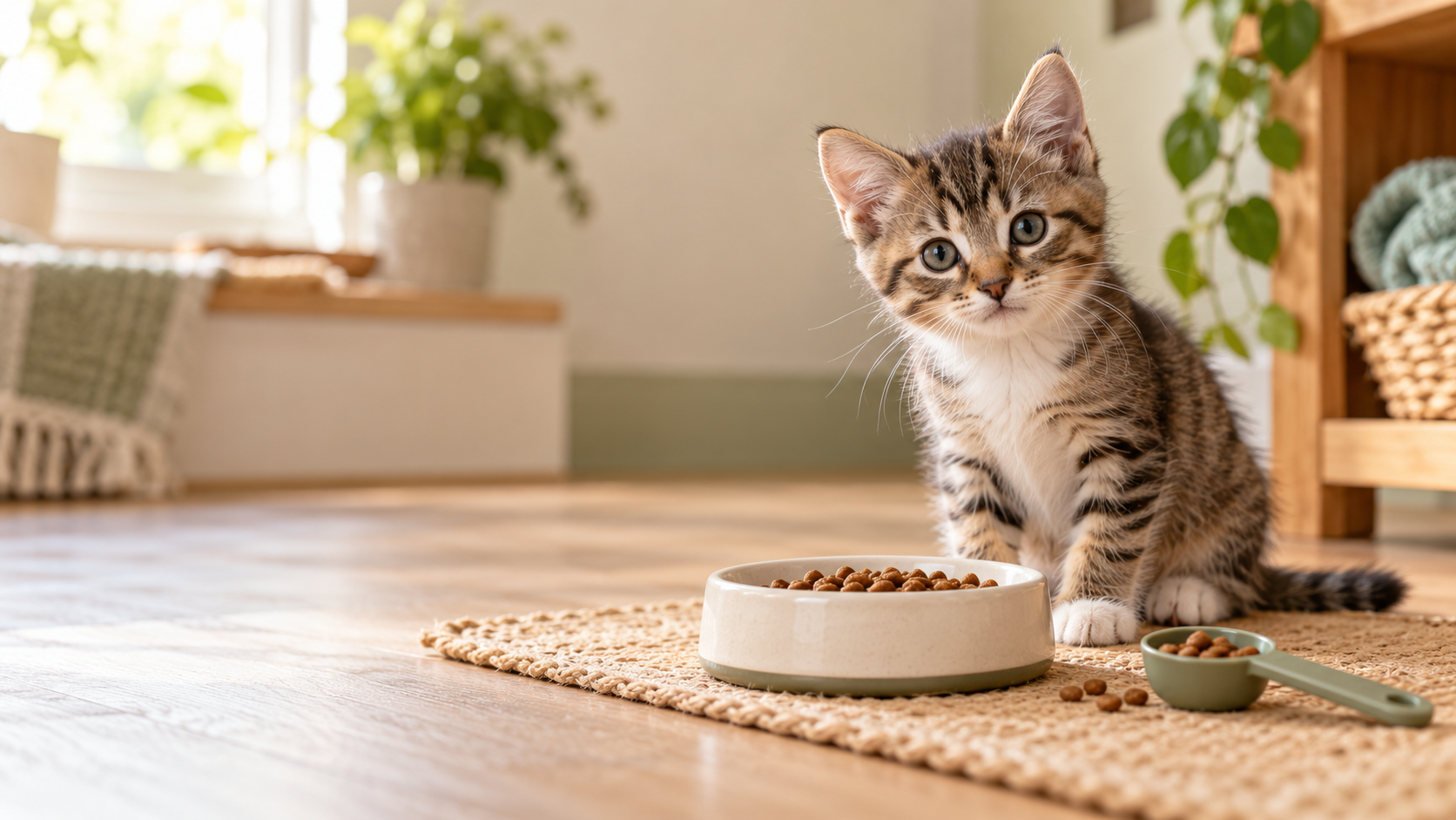 Healthy kitten beside a measured portion of kitten food