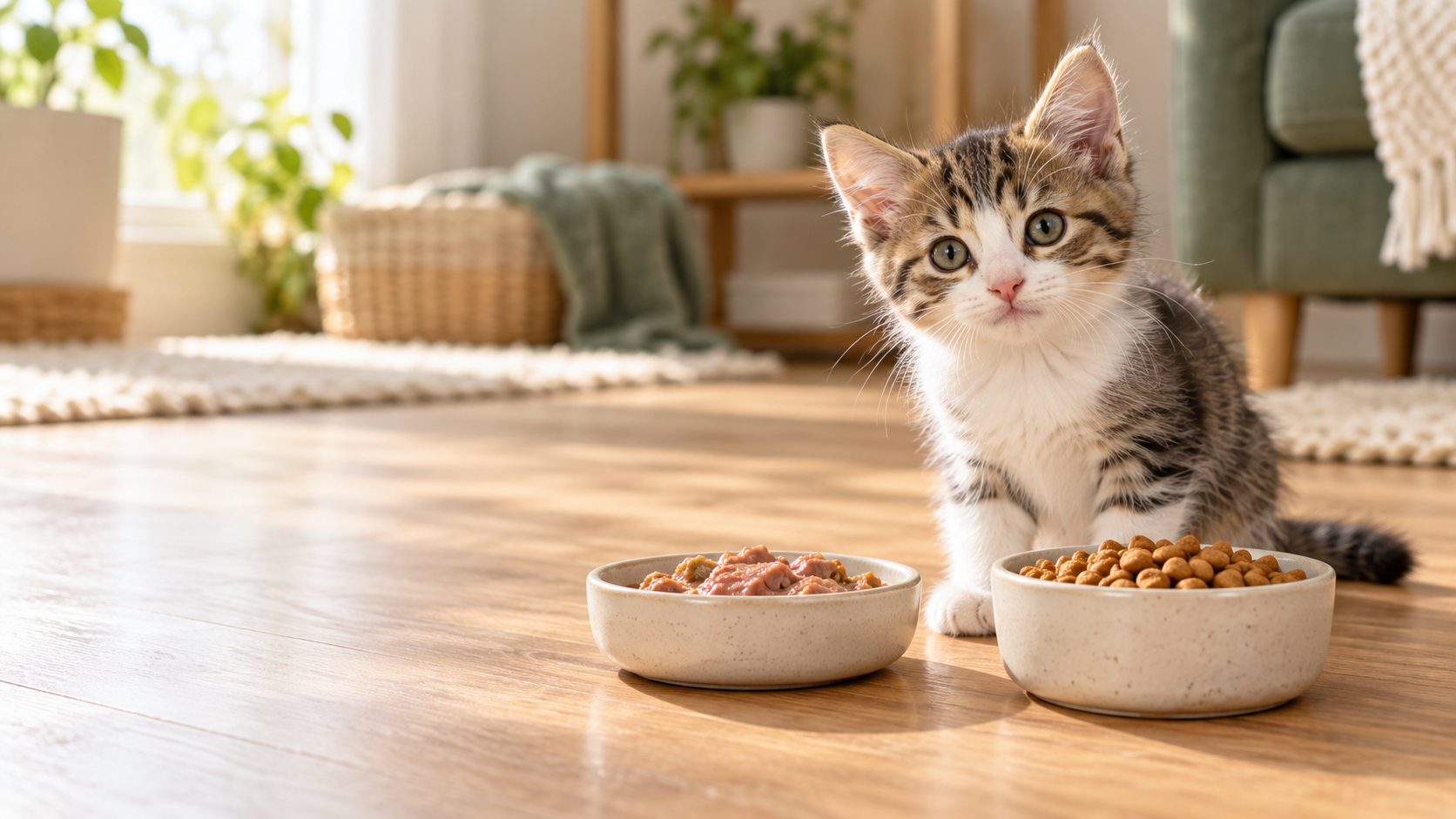 Healthy kitten beside small bowls of wet and dry kitten food