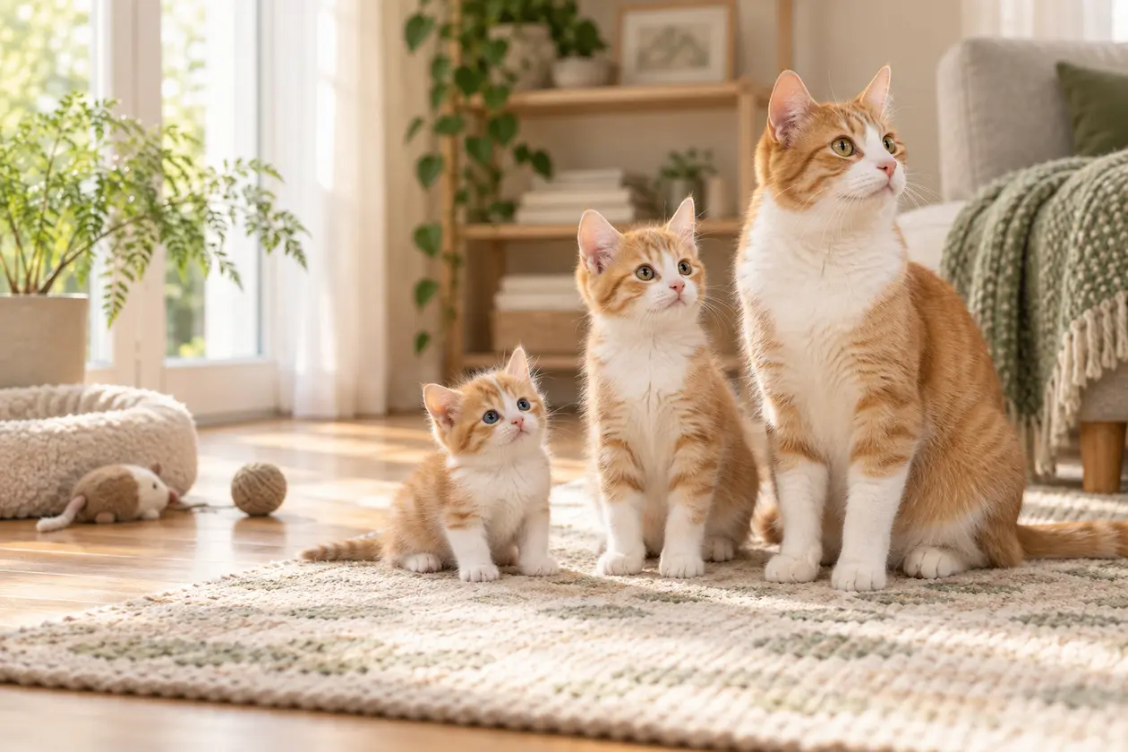 Three orange and white cats at kitten, adolescent, and young adult growth stages