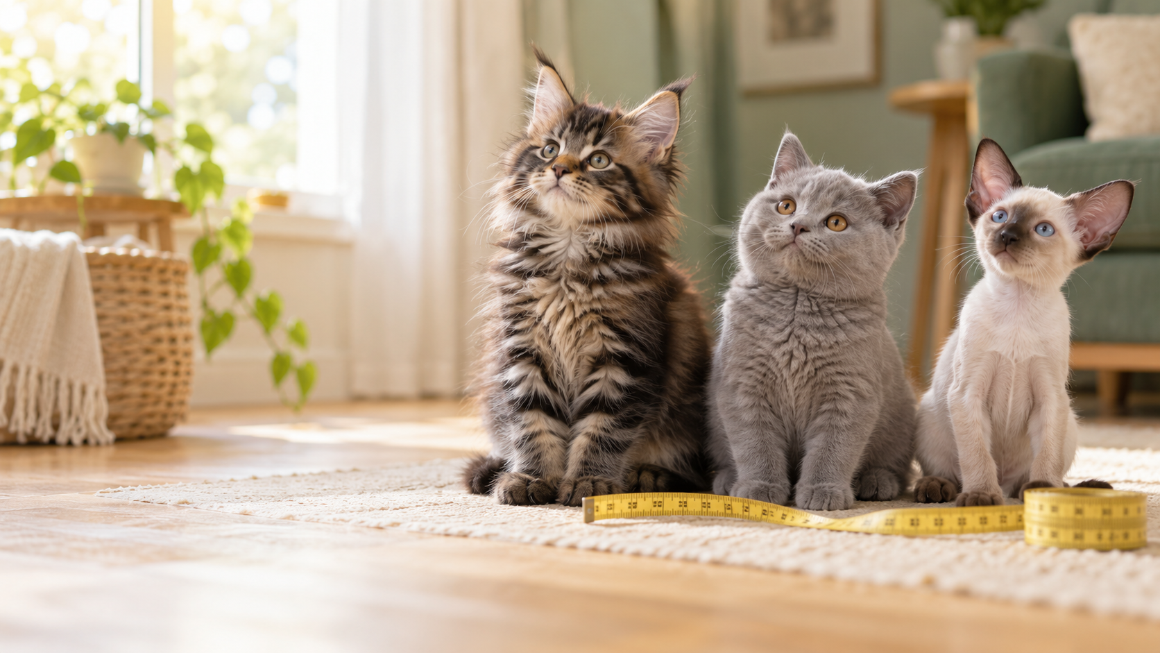 Three healthy kittens of different breeds and natural body frames