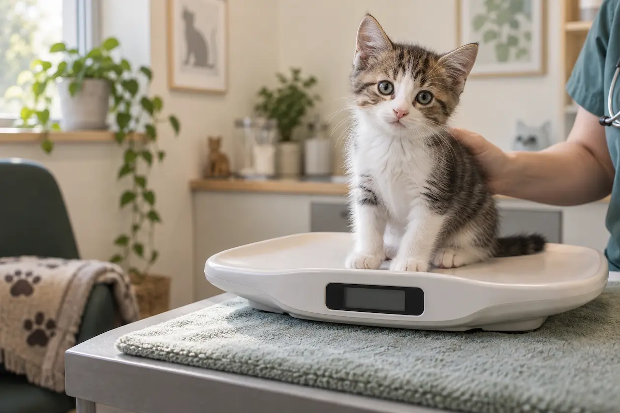 Young kitten sitting calmly on a veterinary pet scale