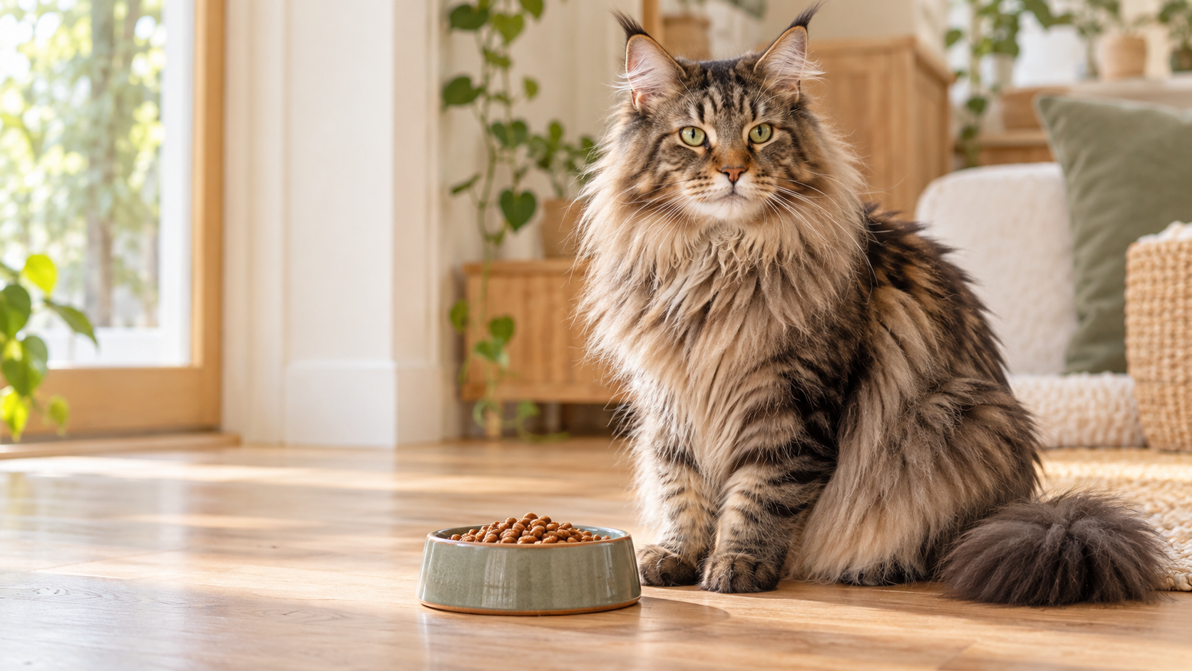 Large healthy Maine Coon beside an appropriately portioned food bowl