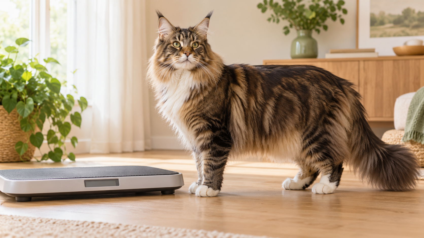 Healthy Maine Coon standing beside a large pet scale