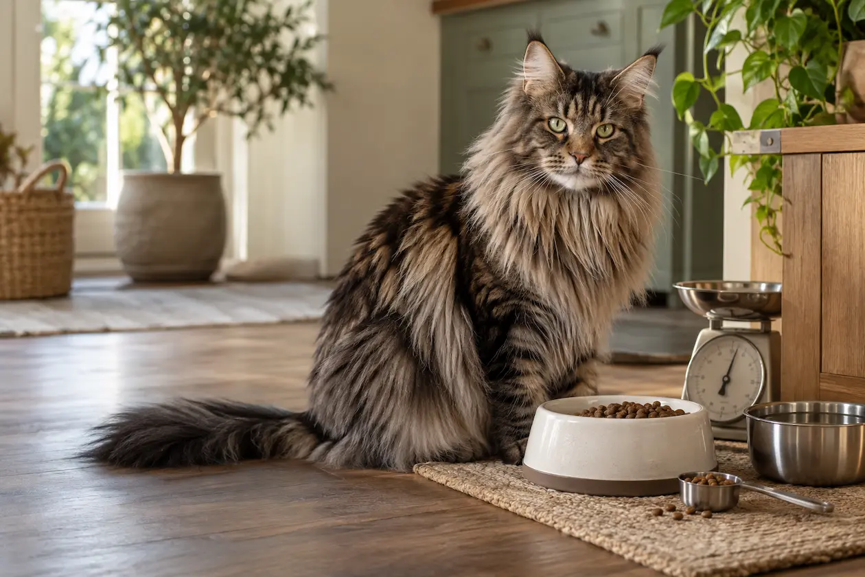 Large Maine Coon cat beside a measured food portion, scoop, and kitchen scale