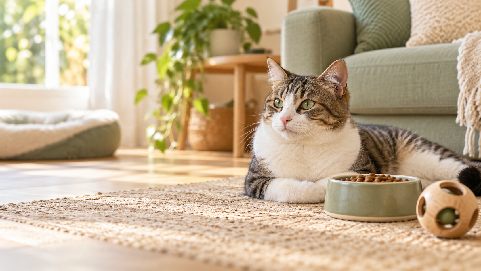 Healthy adult cat beside measured food and an interactive toy