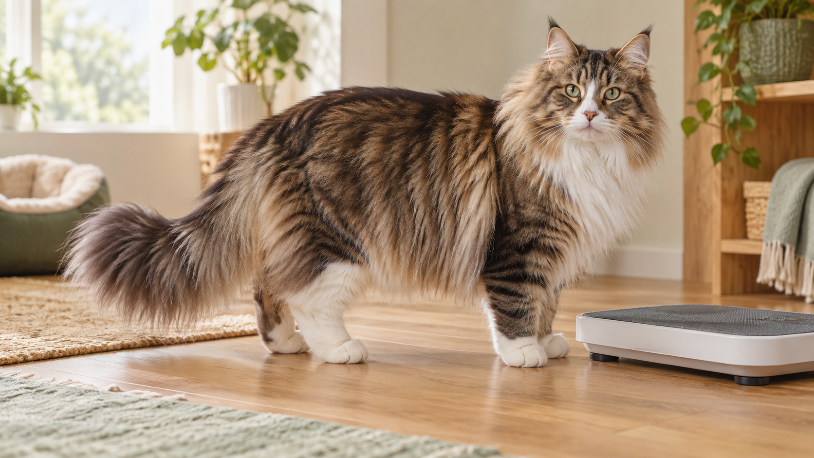 Healthy Norwegian Forest Cat standing beside a pet scale