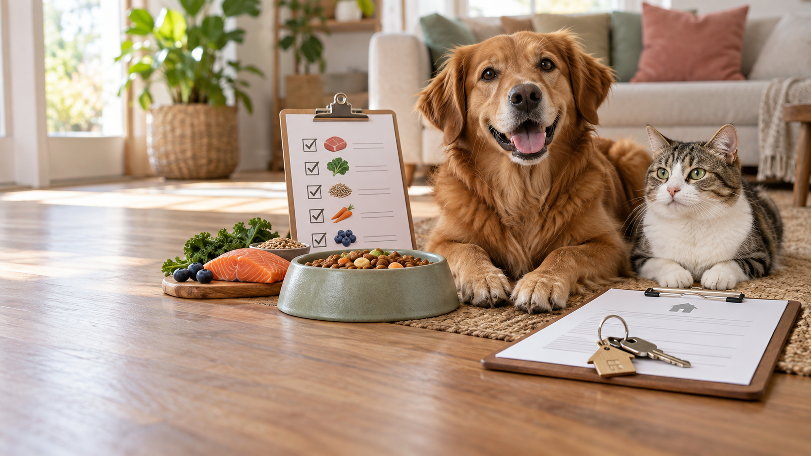 Editorial scene illustrating Paw Score vs Fido Score: Pet Food Quality vs Rental Screening