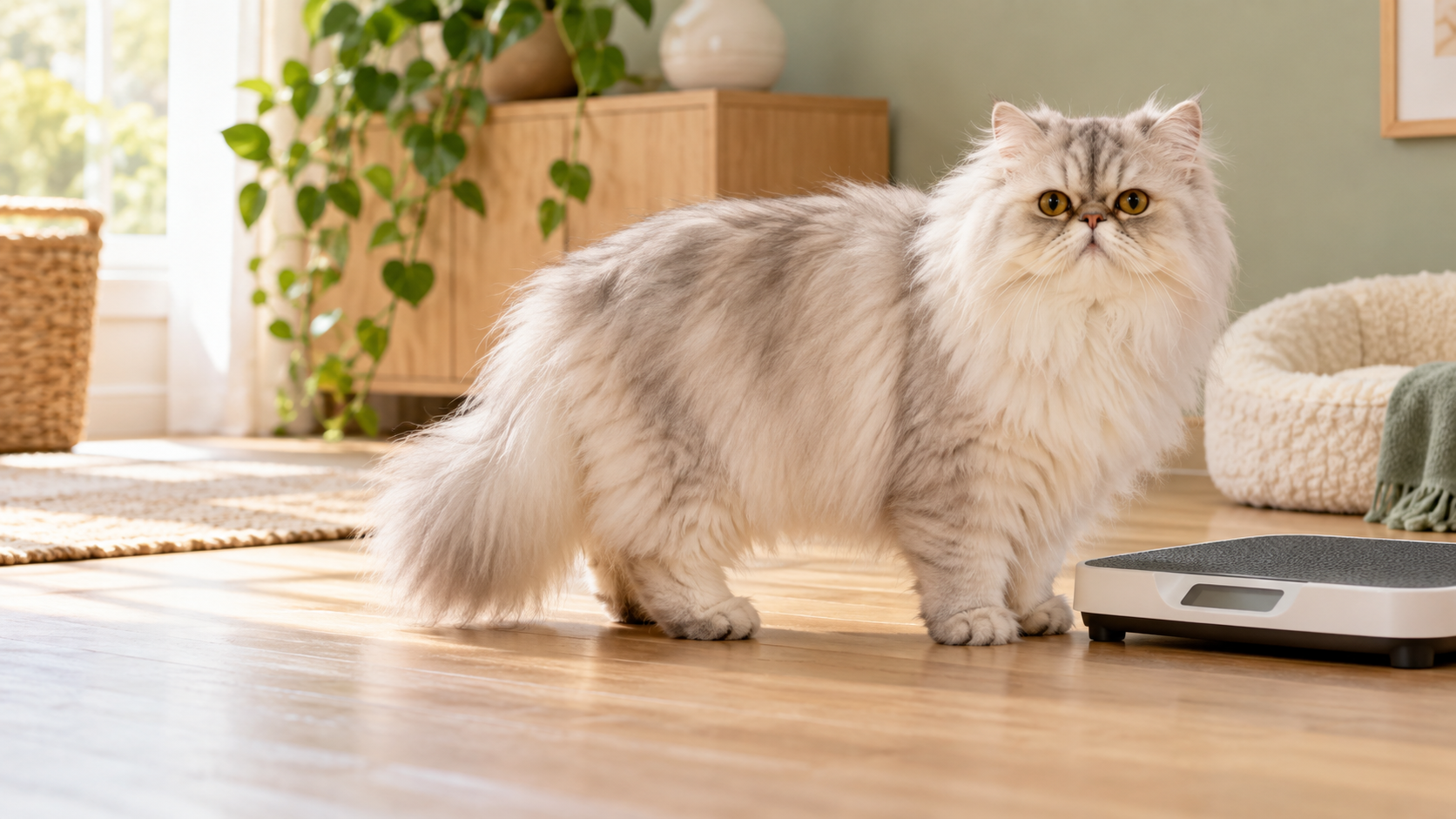 Healthy long-haired Persian cat standing beside a pet scale