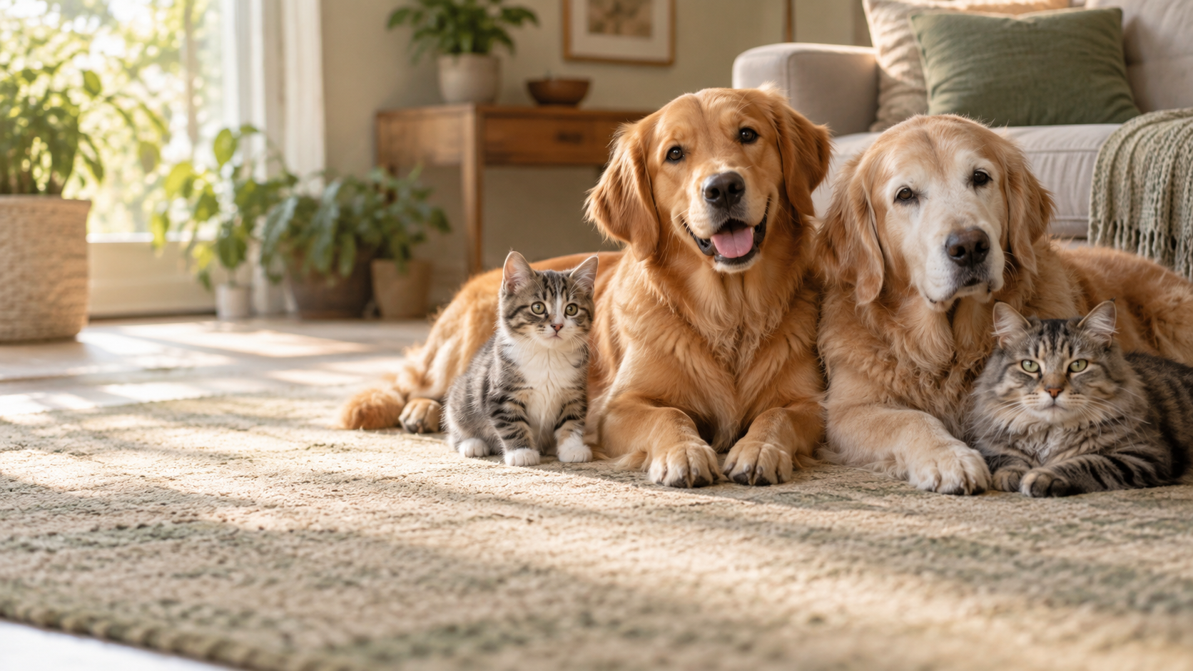 Young and senior dogs and cats resting together in a calm home