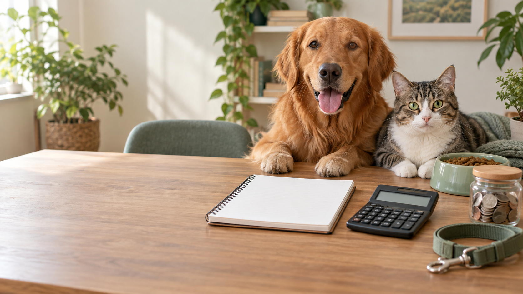 Dog and cat beside a calculator, budget notebook, coin jar, bowl, and leash