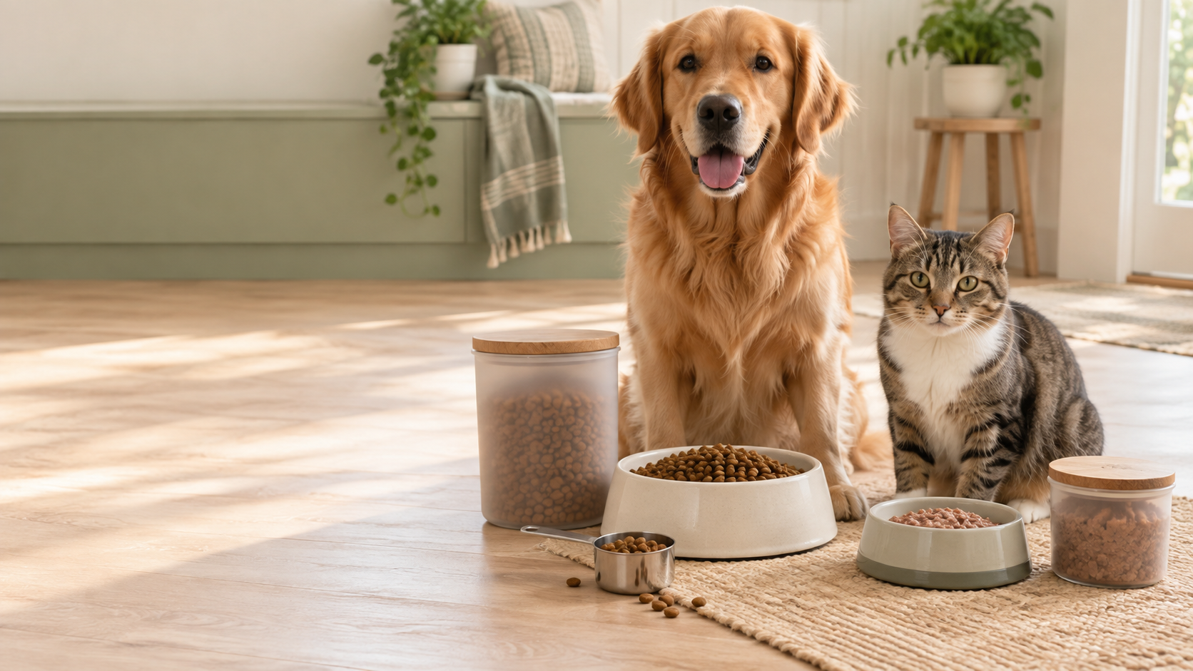 Healthy dog and cat beside separate measured meals and feeding scoops