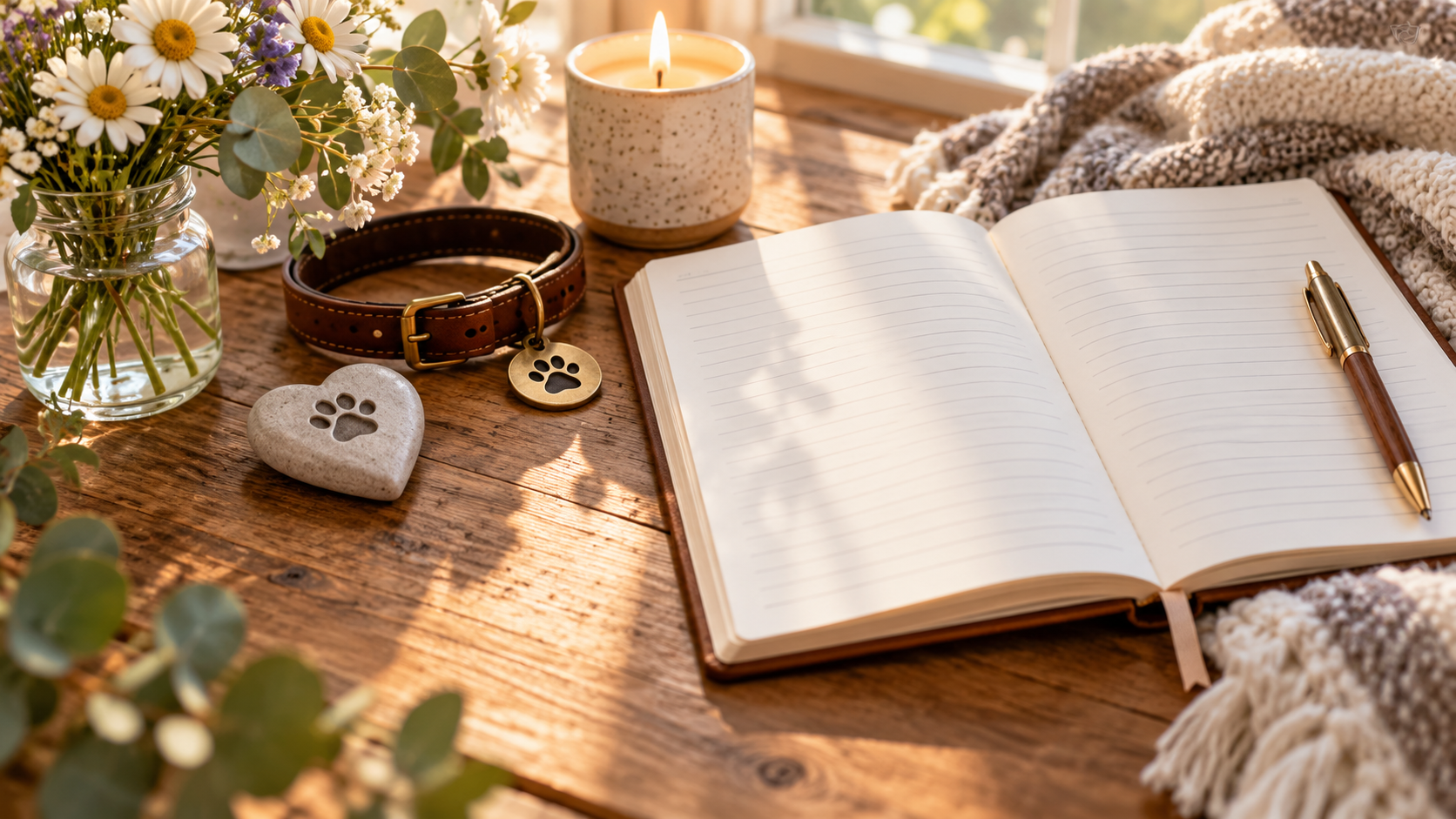 Gentle editorial scene for Free Pet Grief Journal: Printable PDF