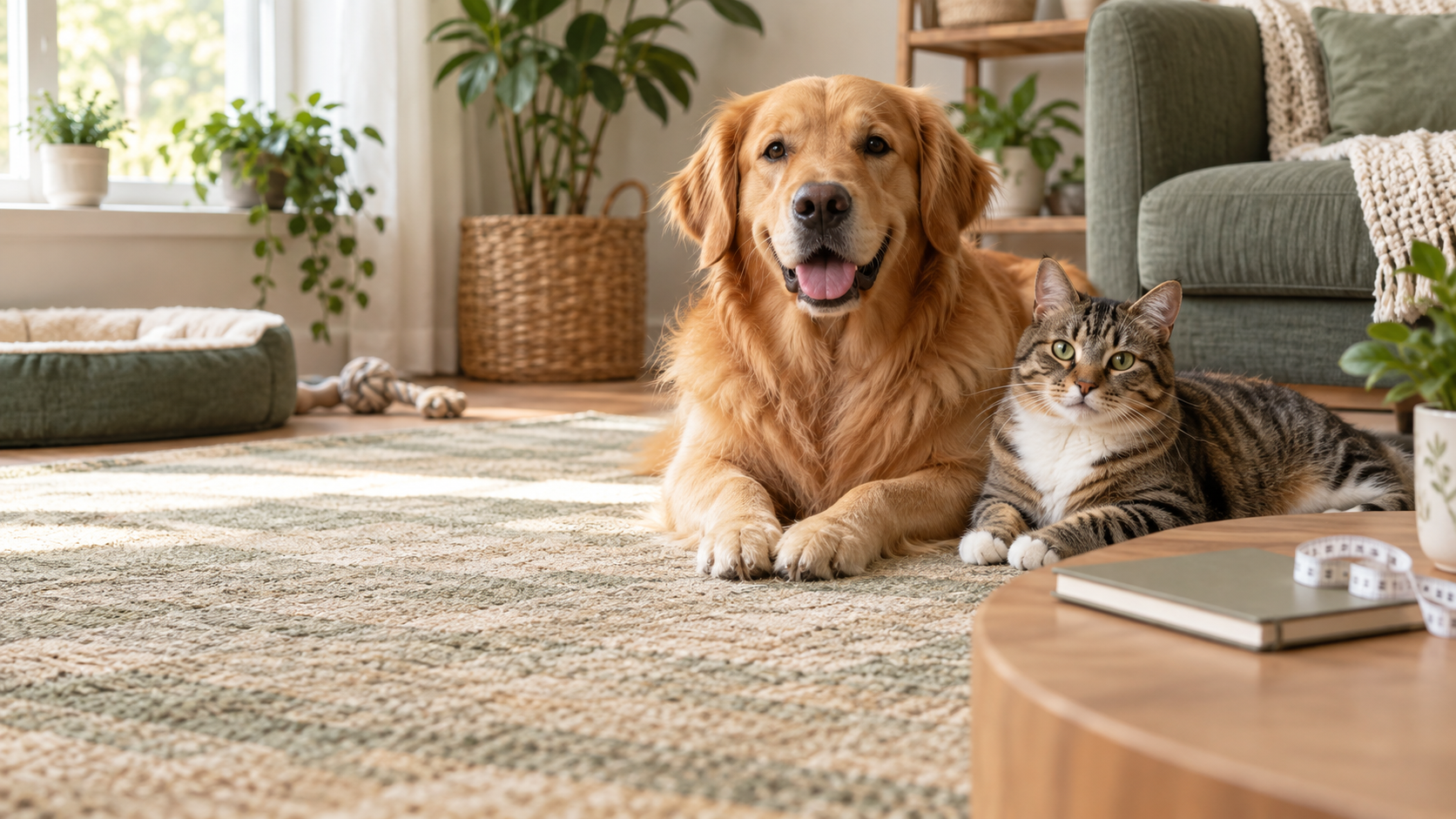 Healthy dog and cat relaxing together beside a notebook and measuring tape
