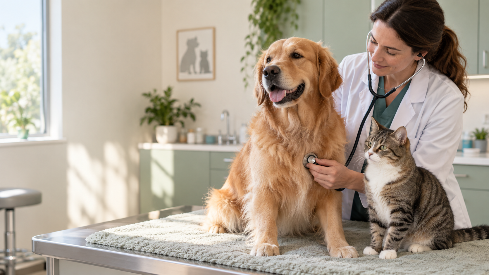 Veterinarian gently checking a healthy dog beside a calm cat