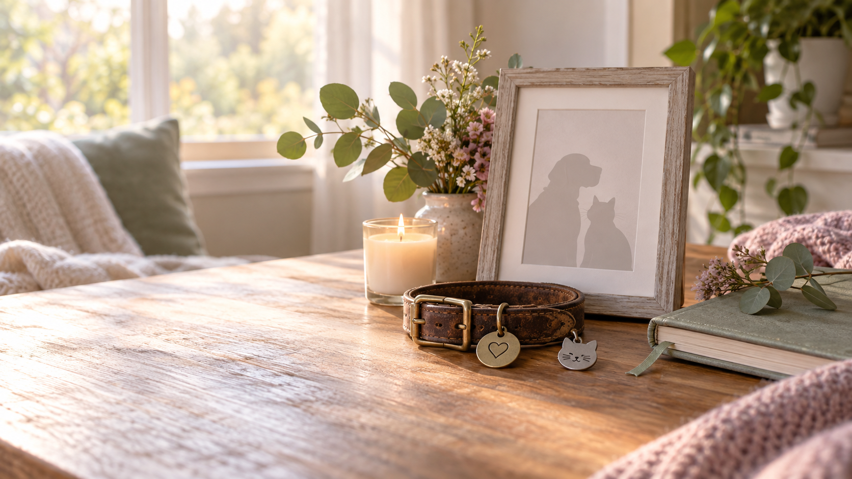 Pet collar, tag, candle, greenery, and memory journal arranged for remembrance