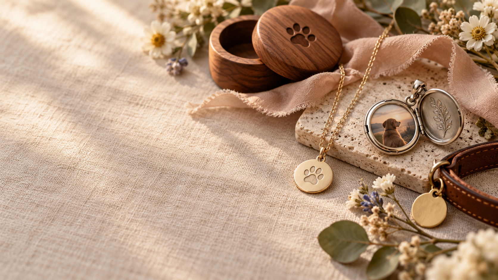 Gentle editorial scene for Pet Memorial Jewelry & Keepsakes