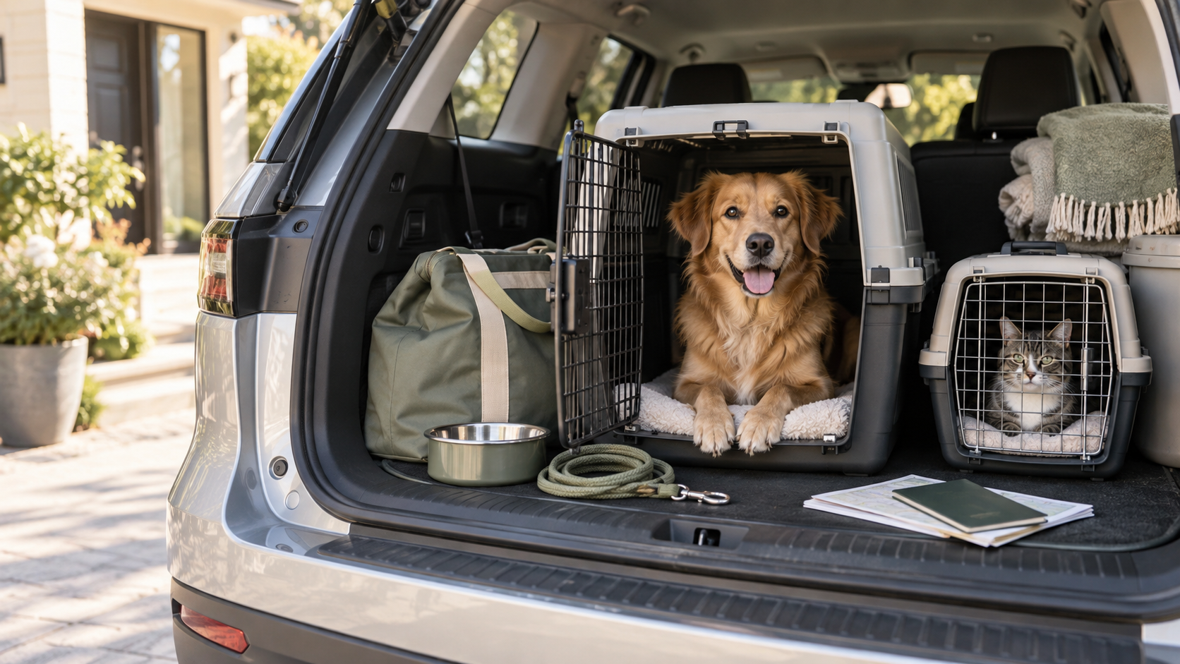 Dog and cat secured in separate travel carriers beside a vehicle